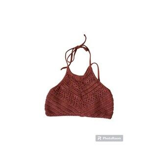IKA KUL Crochet Swim Bikini Halter Tie Crop Top Festival Womens Sz S Coral Rust
